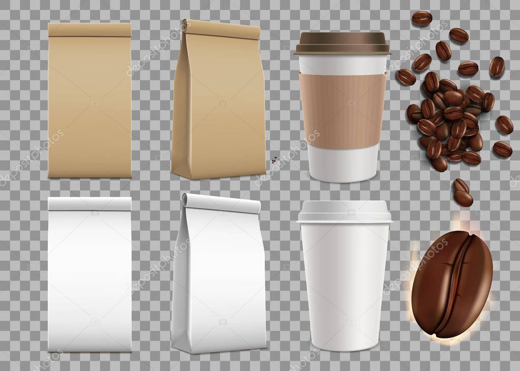 Set of blank packages with coffee beans and paper mugs. Mock-up on a transparent background. Stock vector illustration.