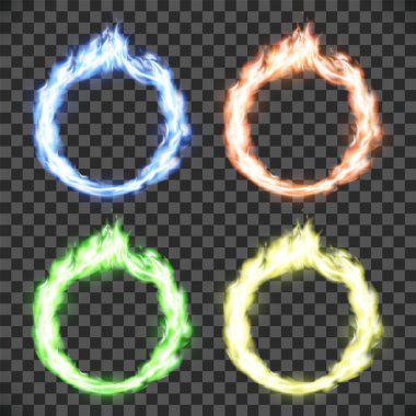 Ateşe ara. Saydam arka plan üzerinde izole daire alev desenleri kümesi. Hisse senedi vektör çizim.