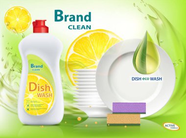 Bulaşık Sabun limonlu. Etiket tasarım şablonu ile ambalaj. Hisse senedi vektör çizim.
