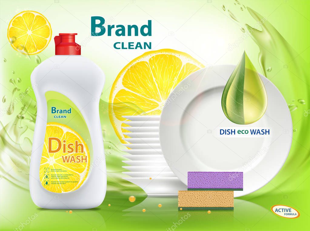 Dishwashing liquid soap with lemon. Packaging with template label design. Stock vector illustration.