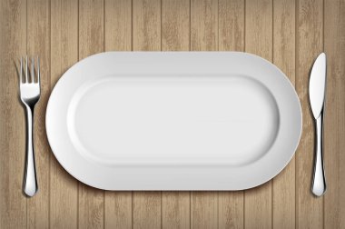 Beyaz seramik tabak, çatal ve bıçak ahşap masa üzerinde. Menü arka plan. Hisse senedi vektör çizim.