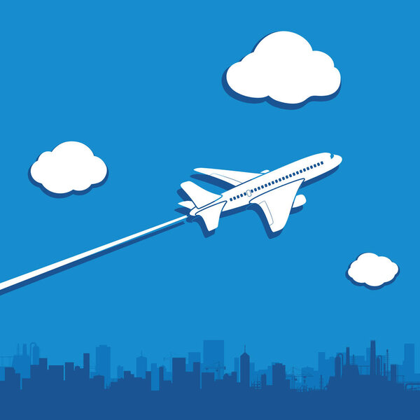 Aircraft flies in the sky above the city. Stock vector illustration.