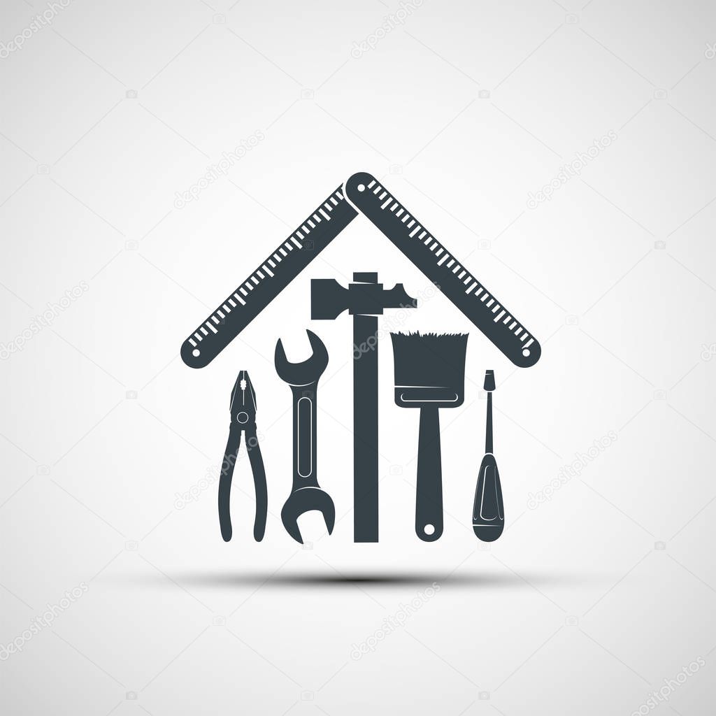 Logo building hand tools like a house. Repair icon. Stock vector illustration.
