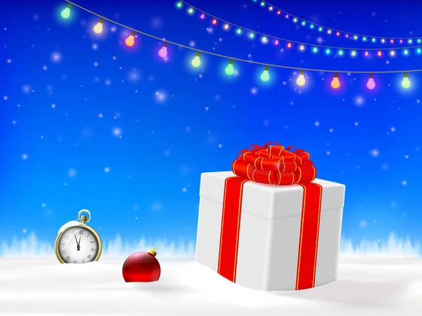 Coffret Cadeau Avec Ruban Rouge Horloge Dans Neige Fond Hiver — Image vectorielle
