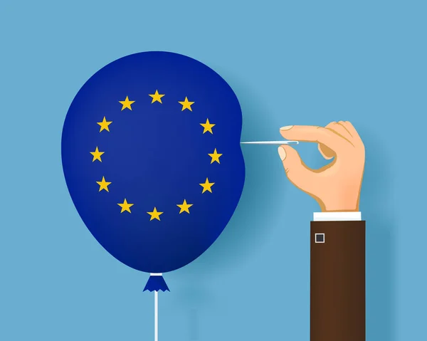 Mänsklig Hand Med Synål Och Ballongen Med Europeiska Unionens Flagga — Stock vektor