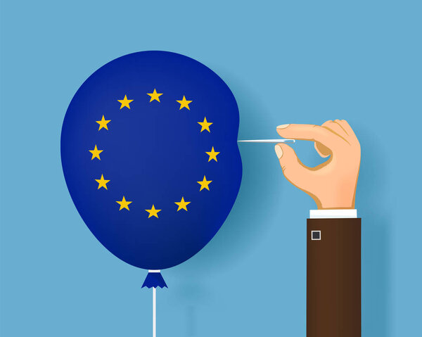 Human hand with sewing needle and balloon with flag of European Union. Brexit. Vector illustration.