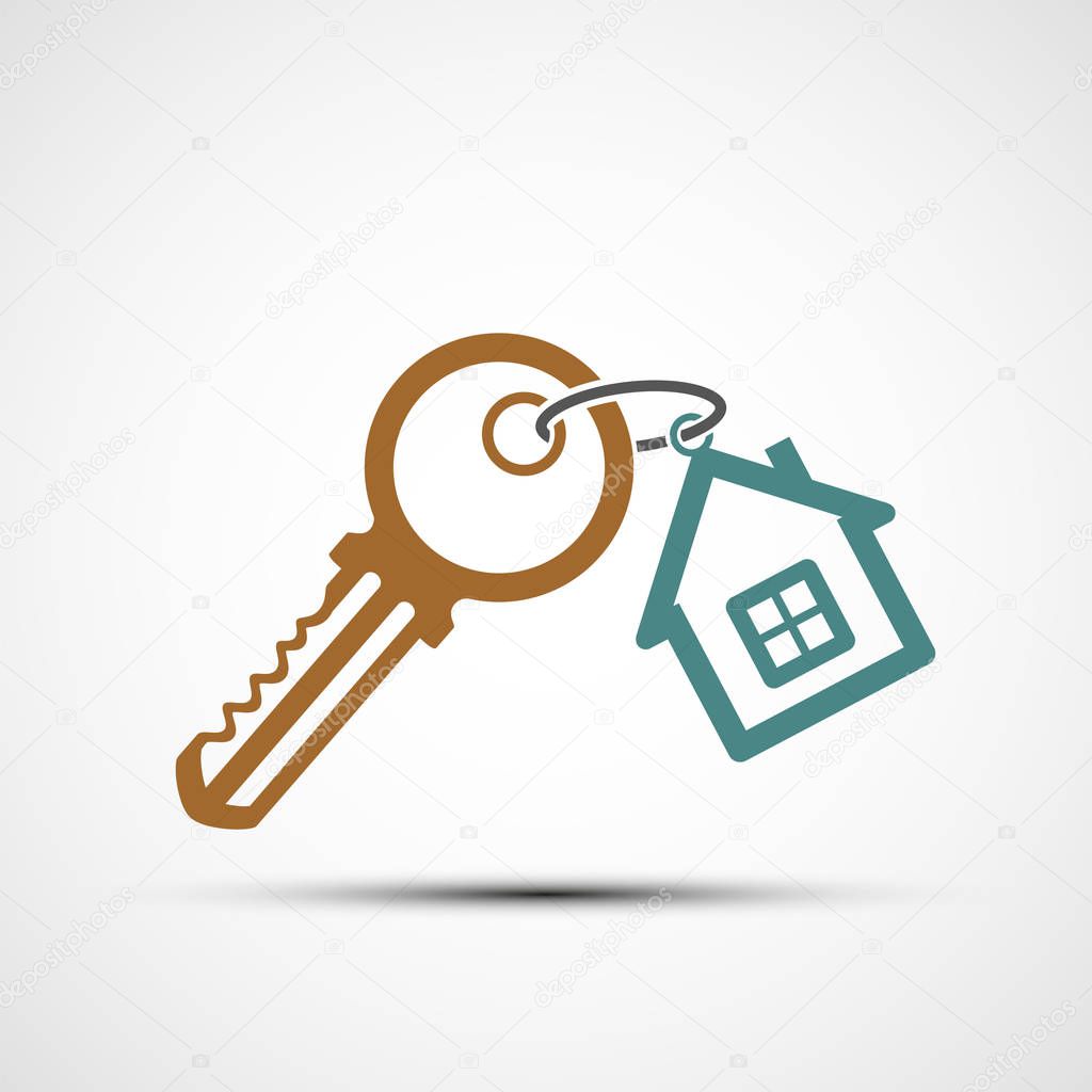 Icon key with keychain as  house. Logo of real estate. Vector illustration.