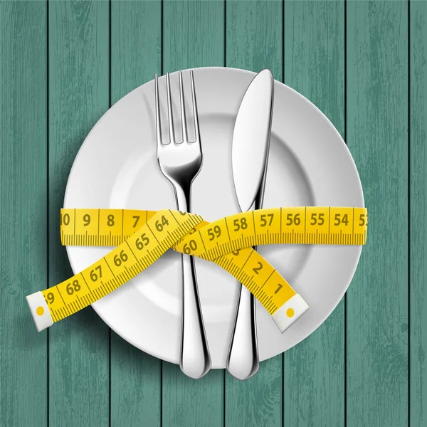 Assiette Avec Couteau Fourchette Ruban Mesurer Sur Table Régime Alimentaire — Image vectorielle