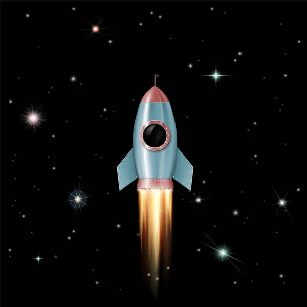 星に宇宙空間に飛んでいるロケット 舷窓と宇宙船 ベクトル図 — ストックベクタ