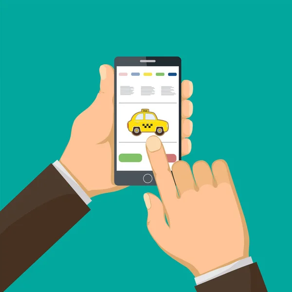 Uomo Che Tiene Smartphone Chiama Taxi Illustrazione Vettoriale — Vettoriale Stock
