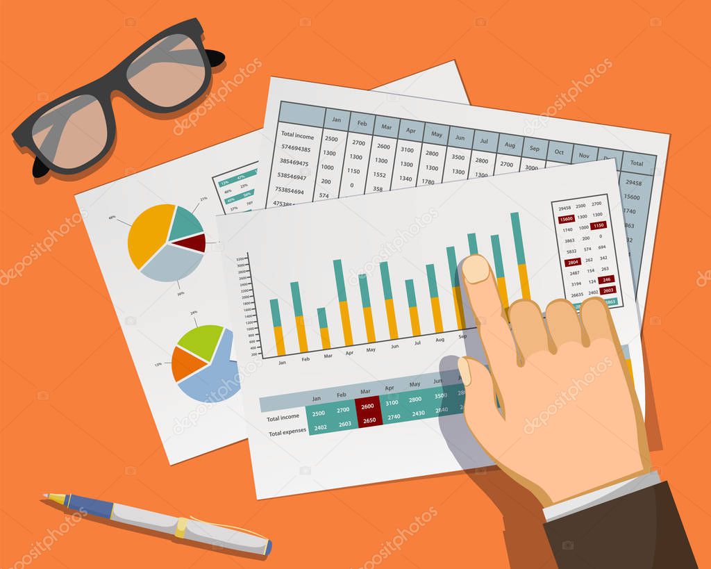 Man pointing at graphs and charts in document on workplace. Vector illustration in flat graphics style.