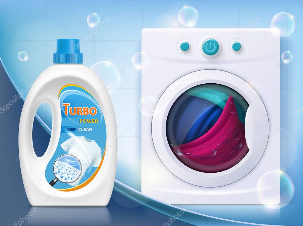 Liquid washing powder. Packaging with laundry detergent. Washing machine with linen. Vector illustration.