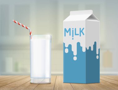 Bardak süt ve karton tablo. Ambalaj tasarımı. Vektör çizim.