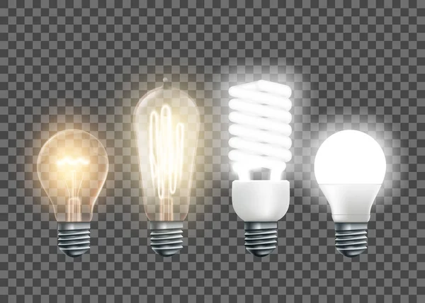 Meghatározott Elektromos Lámpa Wolfram Edison Fénycsövek Led Elszigetelt Átlátszó Háttér — Stock Vector