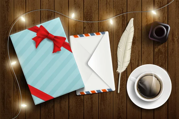 Εικονογράφηση Διάνυσμα Δώρο Κουτί Επιστολή Φάκελο Και Φλιτζάνι Του Καφέ — Διανυσματικό Αρχείο