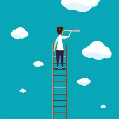 Adam bir merdiven bulutlar gökyüzü üzerinde duruyor. Geliştirme ve iş fırsatları.