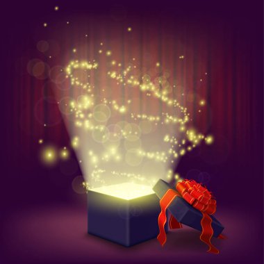 Opened Christmas gift box with glowing inside, vector illustration  clipart