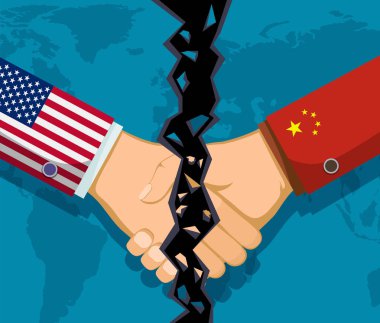 Trade war policy between the USA and China. Handshake of two people. Vector illustration.