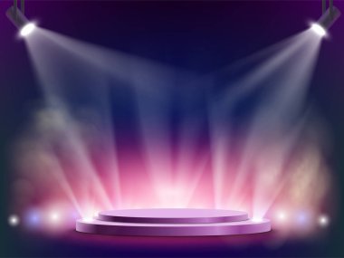 Sahne ışıkları yanar yuvarlak bir sahne. Disko gece kulübü arka plan. Hisse senedi vektör çizim.