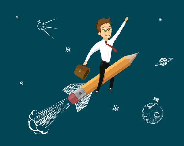 Hombre Traje Volando Cohete Hacia Las Estrellas Éxito Negocios Creatividad — Vector de stock