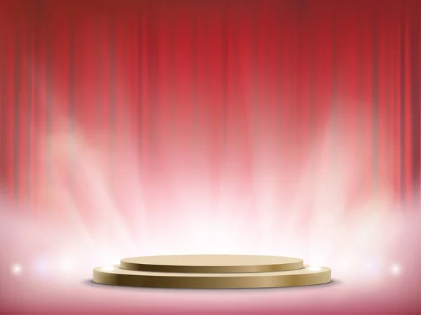 聚光灯照亮了一个圆形的舞台 红色窗帘的获胜者领奖台 向量例证 — 图库矢量图片