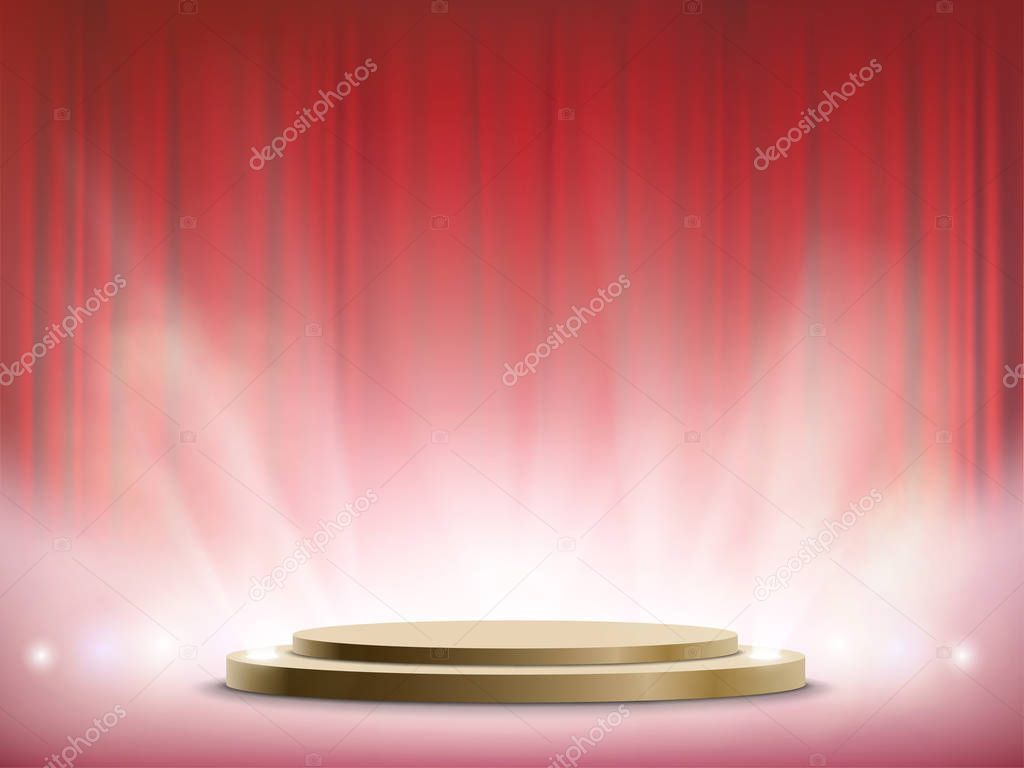 Spotlights illuminate a round stage. Winner podium with red curtain. Vector illustration.