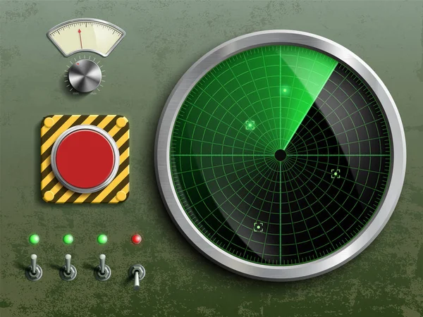 Painel Militar Com Radar Botão Vermelho Interruptores Ilustração Vetorial — Vetor de Stock