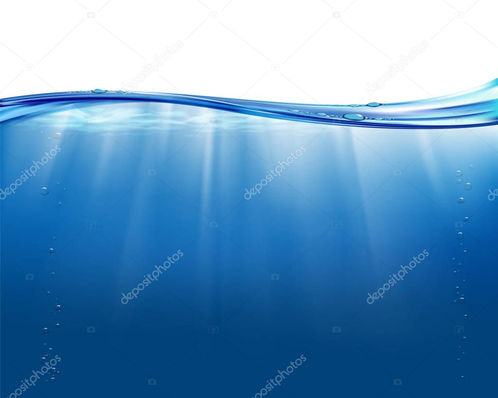 Underwater landscape with sunbeams. Realistic vector Background