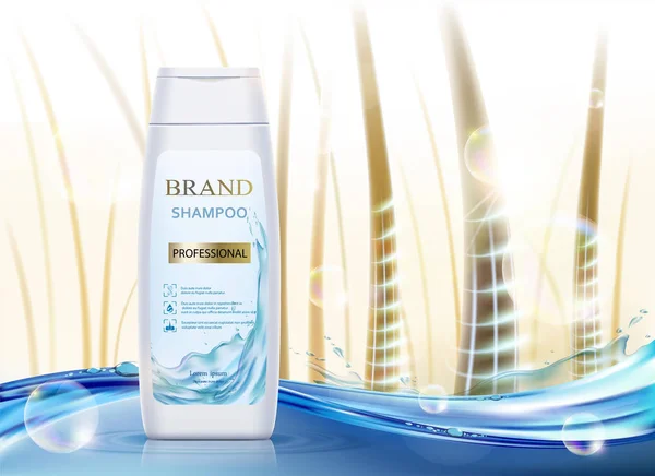 Emballage Plastique Blanc Avec Shampooing Capillaire Fond Avec Les Cheveux — Image vectorielle