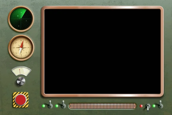 ダッシュ ボード画面とデバイス ボタンやスイッチとヴィンテージのレトロなコントロール パネル ベクトル図 — ストックベクタ