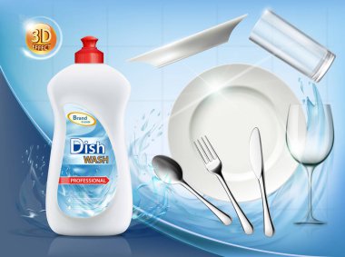 Bulaşık Sabun. Temiz tabak ve çatal bıçak takımı. Vektör çizim.