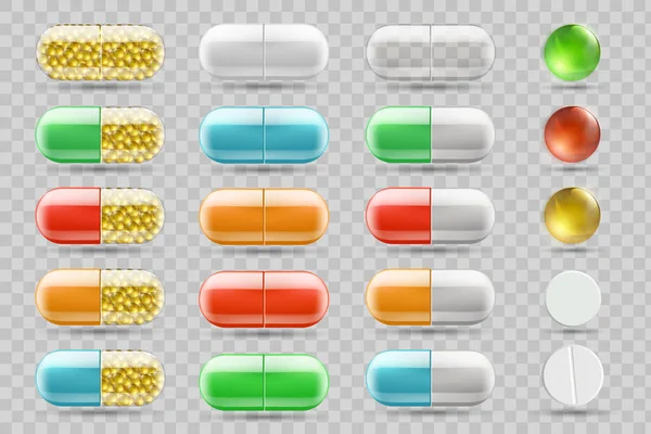 Set di pillole mediche colorate e compresse . — Vettoriale Stock