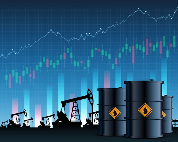 Bombas de óleo e barris de combustível. Gráficos financeiros — Vetor de Stock