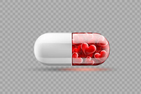 Pillola medica con il cuore rosso dentro. Isolato su uno sfondo trasparente . — Vettoriale Stock