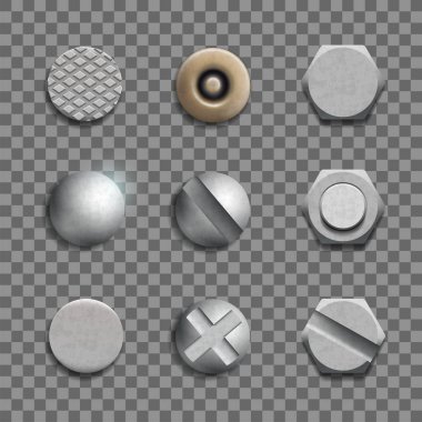 Kafa, cıvata, çivi şeffaf arka plan üzerinde izole canı cehenneme. Metal bağlantı elemanları kümesi. Vektör çizim.