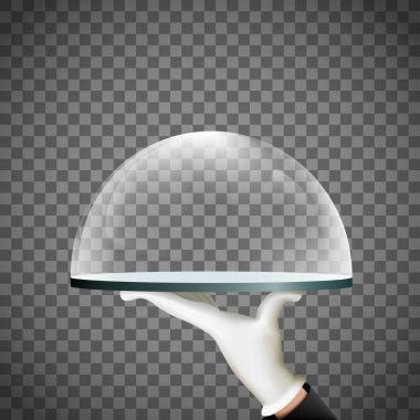 Garson bir tepsi elinde tutuyor. Cam kubbe şeffaf bir arka plan üzerinde izole. Vektör çizim.