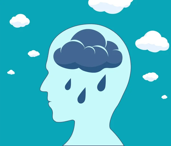 Nube y lluvia cae dentro de la cabeza. Salud mental — Vector de stock