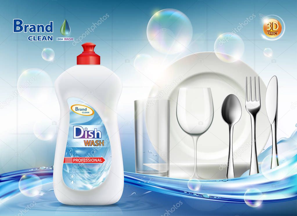 Packaging dishwashing liquid soap. Clean plate and cutlery. Vector illustration.