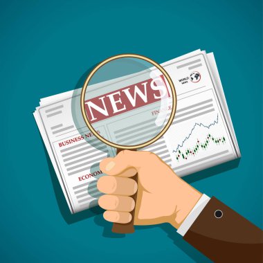 Adam, Büyüteç içeren bir gazete okuyor. Uluslararası Haberler ve basın. Vektör Illustration.