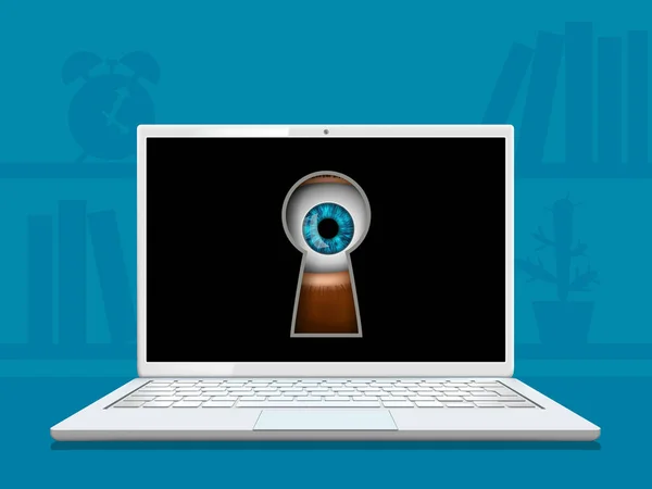 Oog kijkt in het sleutelgat op het laptop scherm. — Stockvector