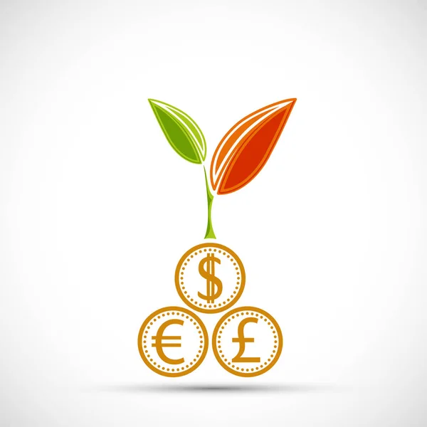 Planta com folhas que crescem a partir de moedas de dólar, euro , — Vetor de Stock