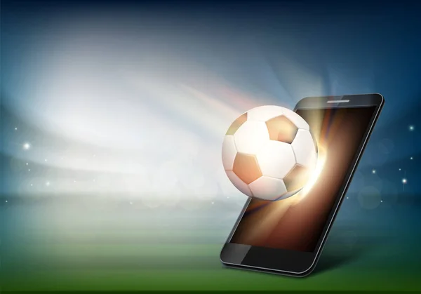 Smartphone sur le terrain de football. Balle sur le stade de football — Image vectorielle