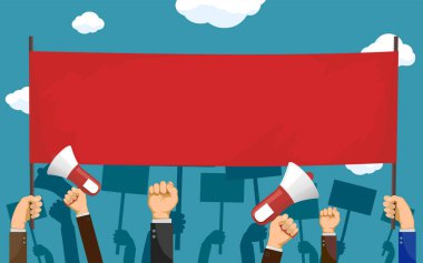 People hold red blank banner with copy-space. clipart