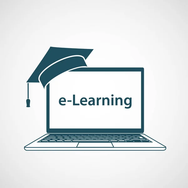 Vzdálené učení, vzdělávání on-line. Vysokoškolský klobouk na přenosném počítači. — Stockový vektor