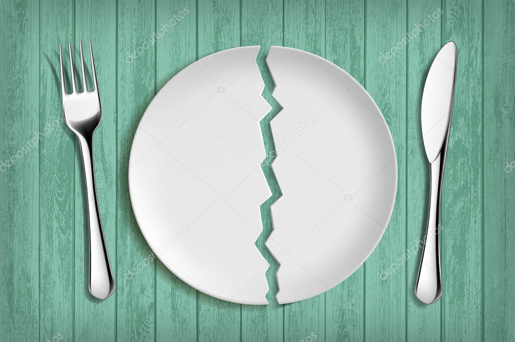 Broken white plate on a green wooden table. Healthy eating and diet. Vector illustration.