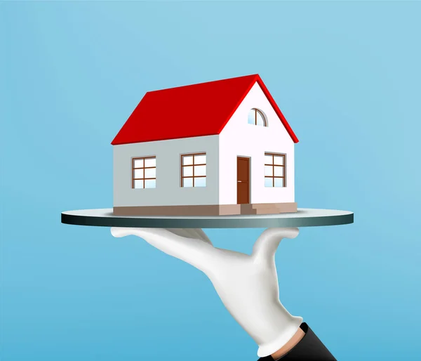 Le serveur tient un plateau avec une maison. Agence immobilière — Image vectorielle