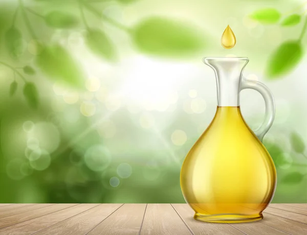 Pot en verre avec huile jaune et une goutte sur une table en bois . — Image vectorielle