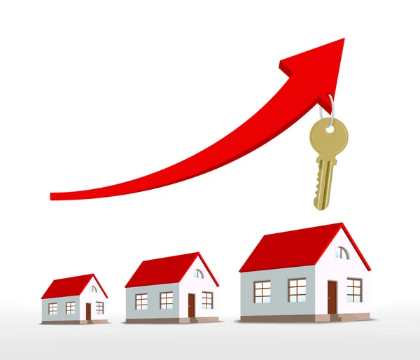 Gráfico de crescimento imobiliário com flecha e casas — Vetor de Stock
