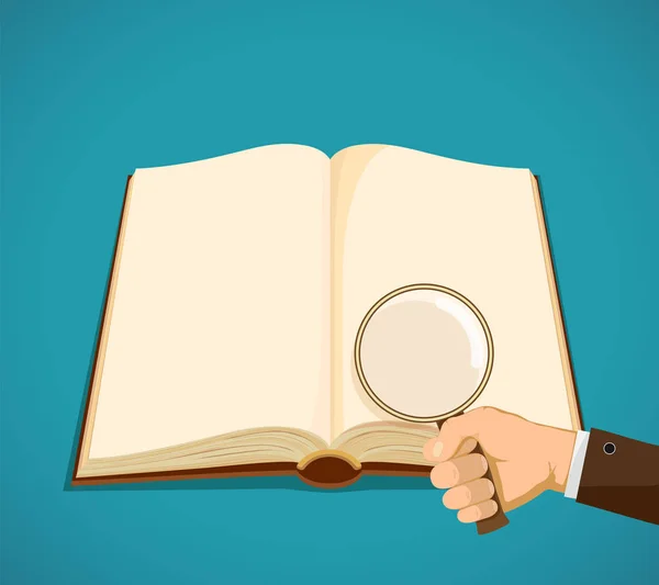 Open book with blank pages. Man holds a magnifying glass — Stock Vector