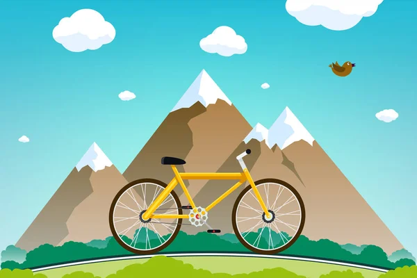 Paseos en bicicleta por la carretera con montañas en el fondo . — Vector de stock